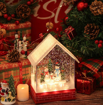 Enchanting Musical Snow Globe House with Timer - Lighted USB/Battery Operated Swirling Snowmen Lantern for Magical Christmas Decor